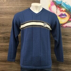 VINTAGE Fila Y2K Mens Blue Striped Knit Sweater Oversized Small Wool Long Sleeve